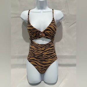 Aerie Pique Animal Print Wrap One Piece Swimsuit Tiger Stripes Full Coverage XS